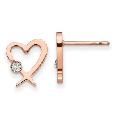 Rose IP-plated with Crystal Heart Post Earrings Stainless Steel Polished SRE1298 by Chisel, MPN: SR…