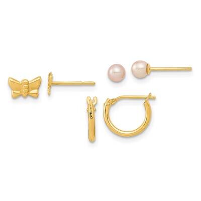 Butterfly Fw Cultured Pearl and Hoop 3 Pair Earrings Set 14k Gold YE2099, MPN: YE2099, 191101786280