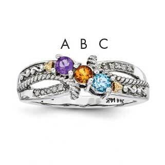 Three-Stone and Diamond Mother&#39;s Ring Sterling Silver &amp; 14k Gold QMR39/3SY-10, MPN: QMR39_3--6, 191…