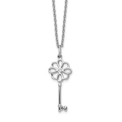 White Ice Diamond Flower Key 18 Inch Necklace Sterling Silver QW398-18, MPN: QW398-18, 886774967486