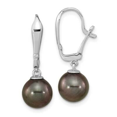 9-10mm Round Black Saltwater Tahitian Pearl .02Ct Diamond Dangle Earrings 14k White Gold XF762E, MP…