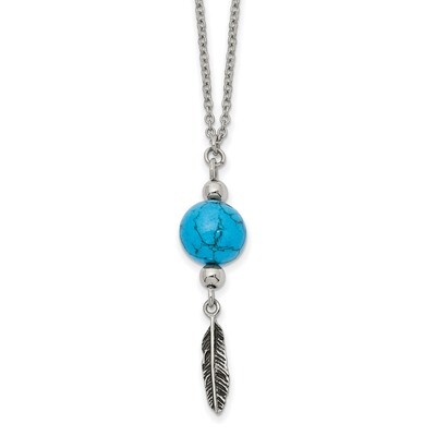 Stainless Steel Antiqued/Polished Imit.Turquoise Feather with 2 Inch ext Necklace Antiqued Stainles…