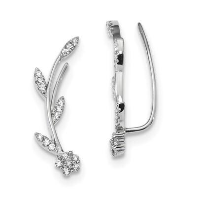 CZ Diamond Flower with Stem Ear Climber Earrings Sterling Silver Rhodium-plated QE13481, MPN: QE134…