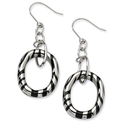 Black Enamel Striped Oval Dangle Earrings Stainless Steel SRE209