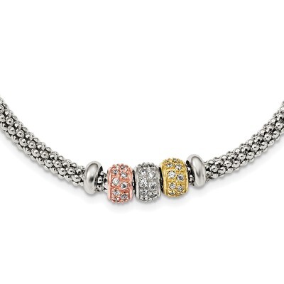 Rose And Yellow Gold Tone CZ Diamond Beads Mesh Necklace 17 Inch Sterling Silver QG3848-17, MPN: QG…