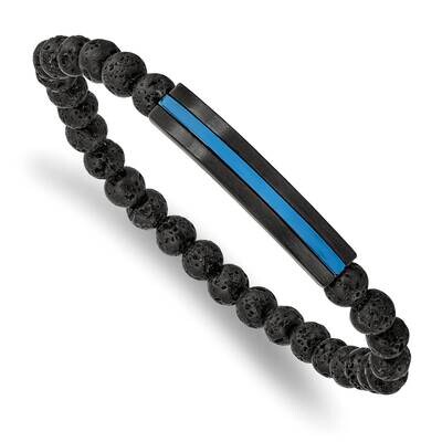 Polished Black Blue Ip with Lava Stone Stretch Bracelet Stainless Steel Brushed SRB2544, MPN: SRB25…