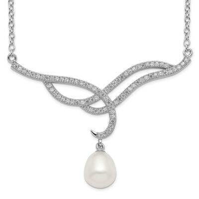 8-9mm White Rice Cultured Freshwater Pearl CZ Diamond Necklace Sterling Silver Rhodium-plated QH553…