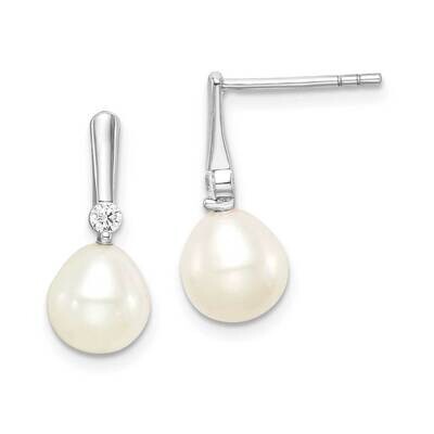 7-8mm White Rice Freshwater Cultured Pearl CZ Diamond Dangle Earrings Sterling Silver Rhodium Plate…