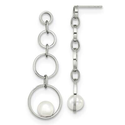 Simulated Pearl Post Dangle Earrings Stainless Steel Polished SRE1569, MPN: SRE1569, 191101867743