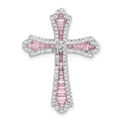 Pink &amp; White CZ Diamond Cross Slide Pendant Sterling Silver Rhodium-plated QC9384, MPN: QC9384,
