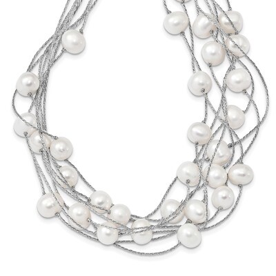 8-10mm Wt Rice Cultured Freshwater Pearl Multi-strand Necklace 18 Inch Sterling Silver Rhodium-plat…
