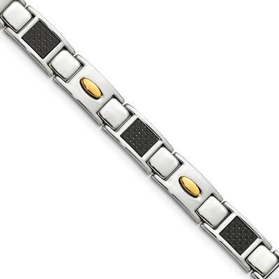 Black Carbon Fiber Inlay &amp; Yellow IP Bracelet Stainless Steel Polished SRB142-9.5 by Chisel, MPN: S…