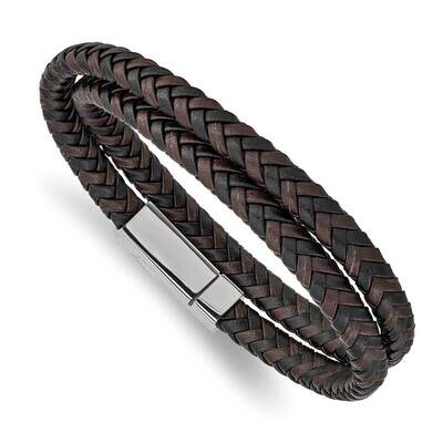 Brown Black Leather Braided 15.75 Inch Wrap Bracelet Stainless Steel Polished SRB2460, MPN: SRB2460…