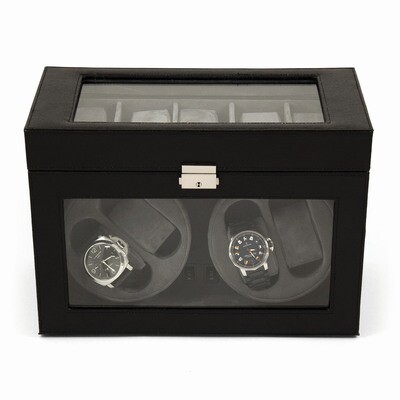 Black Leather Glass Top Four Watch Winder GM8740, MPN: GM8740, 797140566052