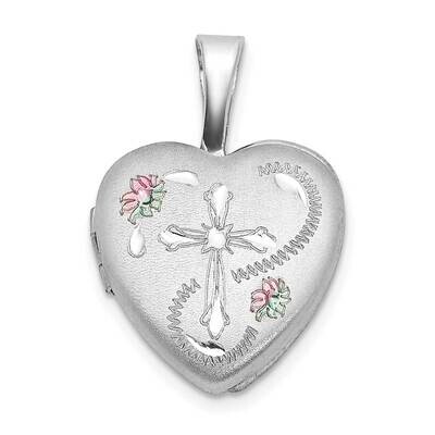 Diamond-Cut Cross Enameled Flower 12mm Heart Locket Sterling Silver Rhodium-plated QLS1039, MPN: QL…