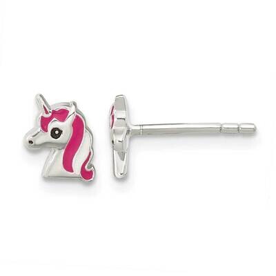 Pink Enamel Unicorn Head Post Earrings Sterling Silver QE16633, MPN: QE16633, 191101783272