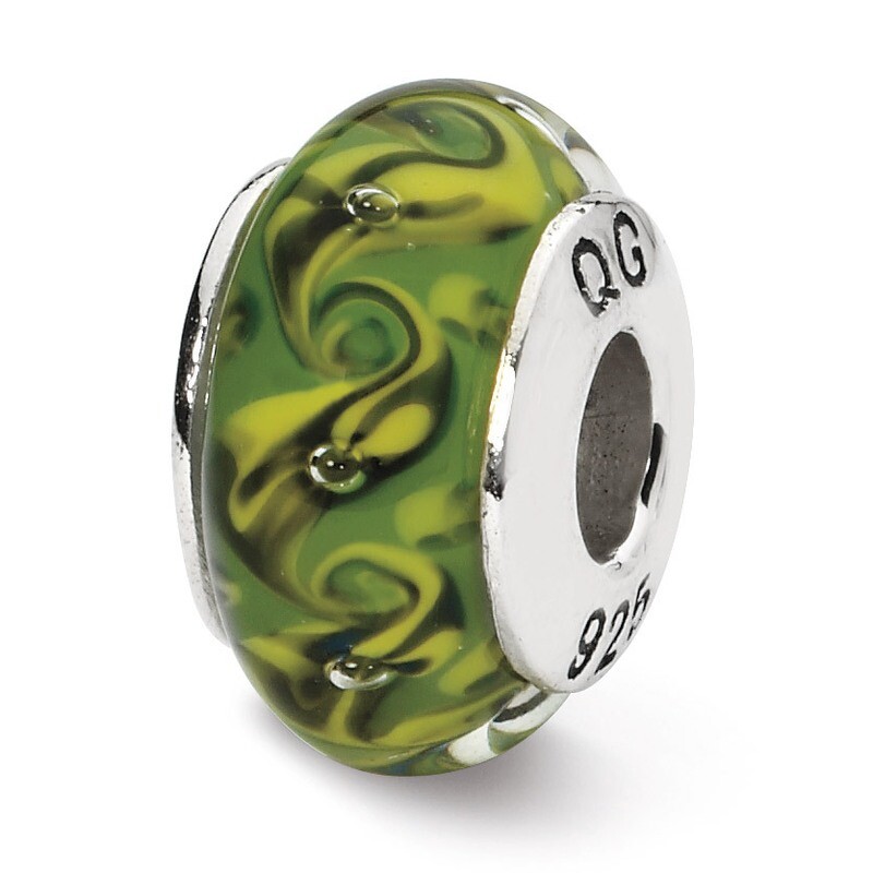 Green Yellow Swirl Hand-blown Glass Bead - Sterling Silver QRS1323, MPN: QRS1323, 883957302836