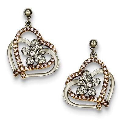 Sterling Silver Flash Gold Plated Pink &amp; Clear Diamond Heart Flower Earrings QE9594