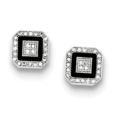 Pave Black Enamel Square Post Earrings Sterling Silver Diamond QE9117, MPN: QE9117, 883957540313