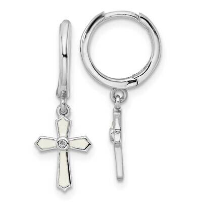 CZ Diamond White Enamel Cross Earrings Sterling Silver Rhodium-Plated Polished QE16580, MPN: QE1658…