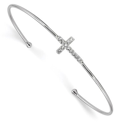 CZ Diamond Cross Slip-on Cuff Bangle Bracelet Sterling Silver Rhodium-plated QB1185, MPN: QB1185, 1…