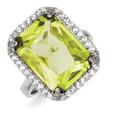 Rectangle Clear &amp; Lt. Green Diamond Ring Sterling Silver QR2209, MPN: QR2209, 723252600261