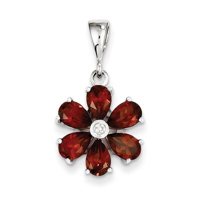 Garnet &amp; Diamond Flower Pendant Sterling Silver QDX619, MPN: QDX619, 883957433370