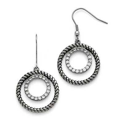 Polished and Antiqued Synthetic Diamond Circle Dangle Earrings - Stainless Steel SRE767 by Chisel, …