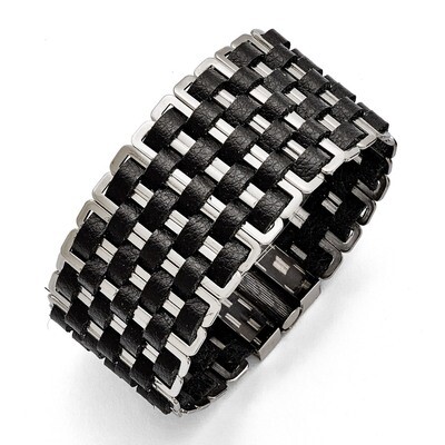 Polished Woven Black Leather Bracelet - Stainless Steel SRB1565 by Chisel, MPN: SRB1565, 1911016025…