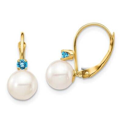 7-7.5mm White Round Freshwater Cultured Pearl Swiss Blue Topaz Leverback Earrings 14k Gold XF751E_B…