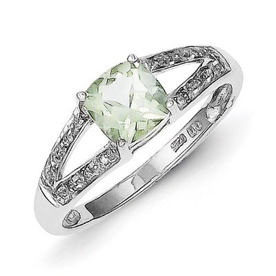 Cushion-cut Green Quartz &amp; Diamond Ring Sterling Silver QR2793, MPN: QR2793, 883957530659