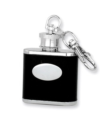 Black Faux Leather Polished 1Oz Key Ring Flask Stainless Steel GP2735