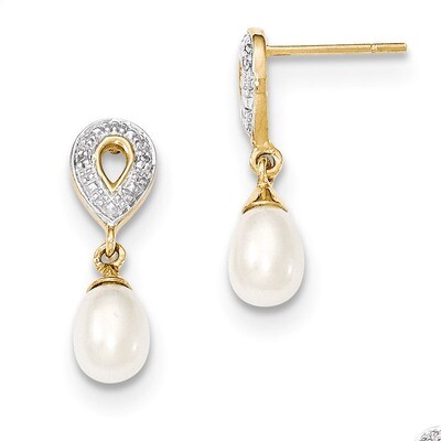 Diamond and 7x5mm Egg Cultured Pearl Post Dangle Earrings 14k Gold XE2494AA, MPN: XE2494AA, 8839574…
