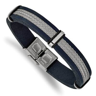 Blue Leather and Wire 8.5 Inch Bracelet Stainless Steel Polished SRB2408-8.5, MPN: SRB2408-8.5, 191…