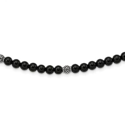 Polished Black Agate Beaded with 2 Inch Extension Necklace Stainless Steel Antiqued SRN2721-18.5, M…