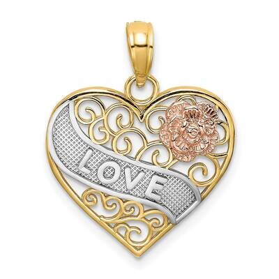 Love Banner On Filigree Heart Charm 14k Tri-Color Gold K9419, MPN: K9419, 637218135790
