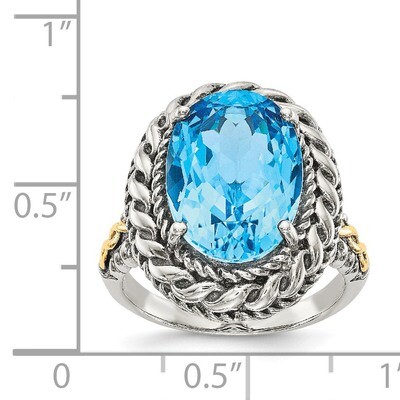 Blue Topaz Ring Sterling Silver &amp; 14k Gold Antiqued QTC1149, MPN: QTC1149, 191101388736