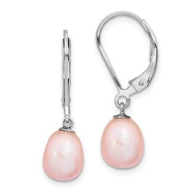 7-8mm Pink Cultured Freshwater Pearl Leverback Earrings Sterling Silver Rhodium-plated QE12781P, MP…