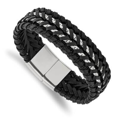 Black Woven Leather and Chain 8.5 Inch Bracelet Stainless Steel Polished SRB3037-8.5, MPN: SRB3037-…