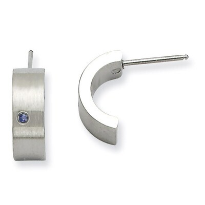 Blue Synthetic Diamond Brushed &amp; Polished Half Hoop Post Earrings - Stainless Steel SRE387 by Chise…