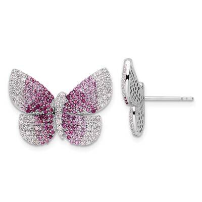 Pink CZ Diamond Butterfly Post Earrings Sterling Silver Rhodium-Plated Polished QE15790, MPN: QE157…