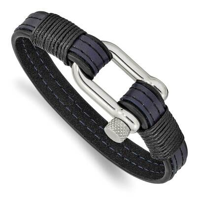Black &amp; Blue Leather 8.25 Inch Shackle Bracelet Stainless Steel Polished SRB2469-8.25, MPN: SRB2469…