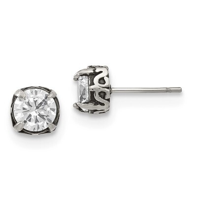 CZ Post Earrings Stainless Steel Antiqued Polished SRE1243 by Chisel, MPN: SRE1243, 191101499586
