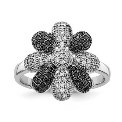 Sterling Silver Rhodium-plated Black &amp; Clear CZ Flower Ring QMP1524-6