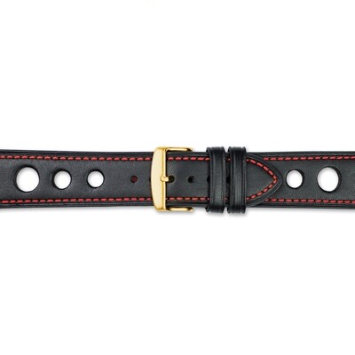 18mm Black Grand Prix Leather Red Stitch Gold-tone Buckle Watch Band  BA372-18, MPN: BA372-18,