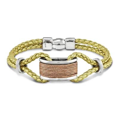 Sterling Silver rose wire with white border -yellow leather braid with magn B6763-YELLOW