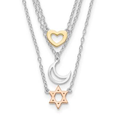 Gold and Rose-Tone Sun Moon Star Necklace 16 Inch Sterling Silver Rhodium-Plated QG4387-16, MPN: QG…