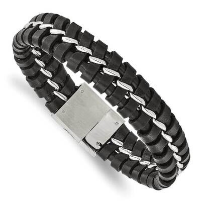 Black Leather Brushed and Polished Bracelet Stainless Steel SRB1318-9 by Chisel, MPN: SRB1318-9, 88…