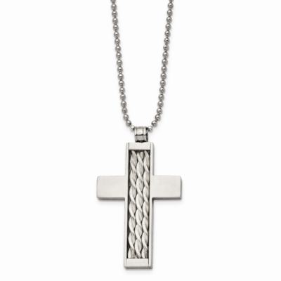 Silver Inlay Cross 24 Inch Necklace Stainless Steel SRN455-24 by Chisel, MPN: SRN455-24, 8867740403…