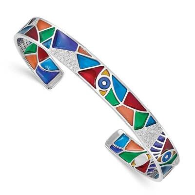Abstract Multi-color Enamel &amp; CZ Diamond Cuff Bangle Sterling Silver Rhodium Plated QB1319, MPN: QB…
